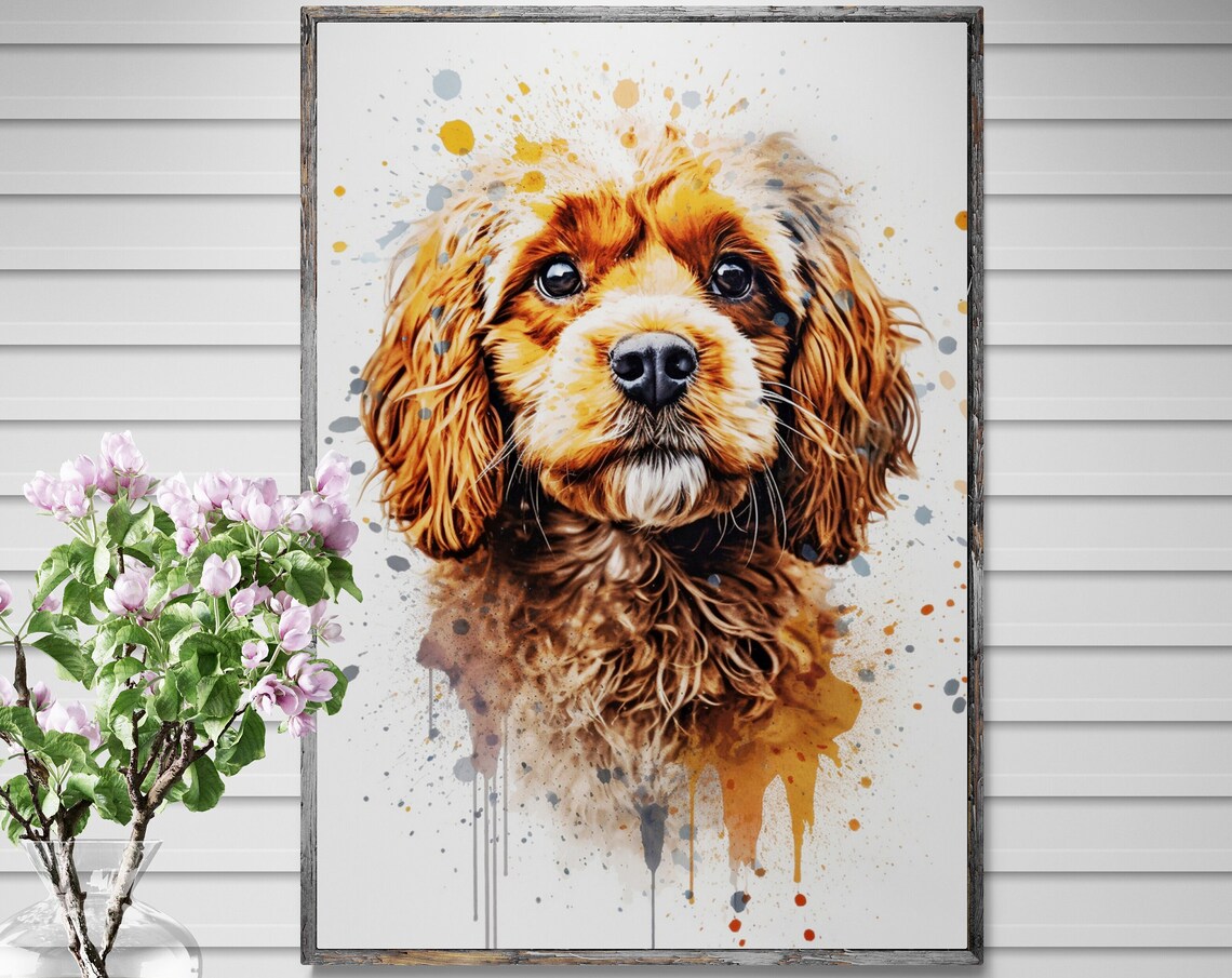 Golden Cavapoo Watercolour Portrait Warm Paint Splash Puppy Art Poster