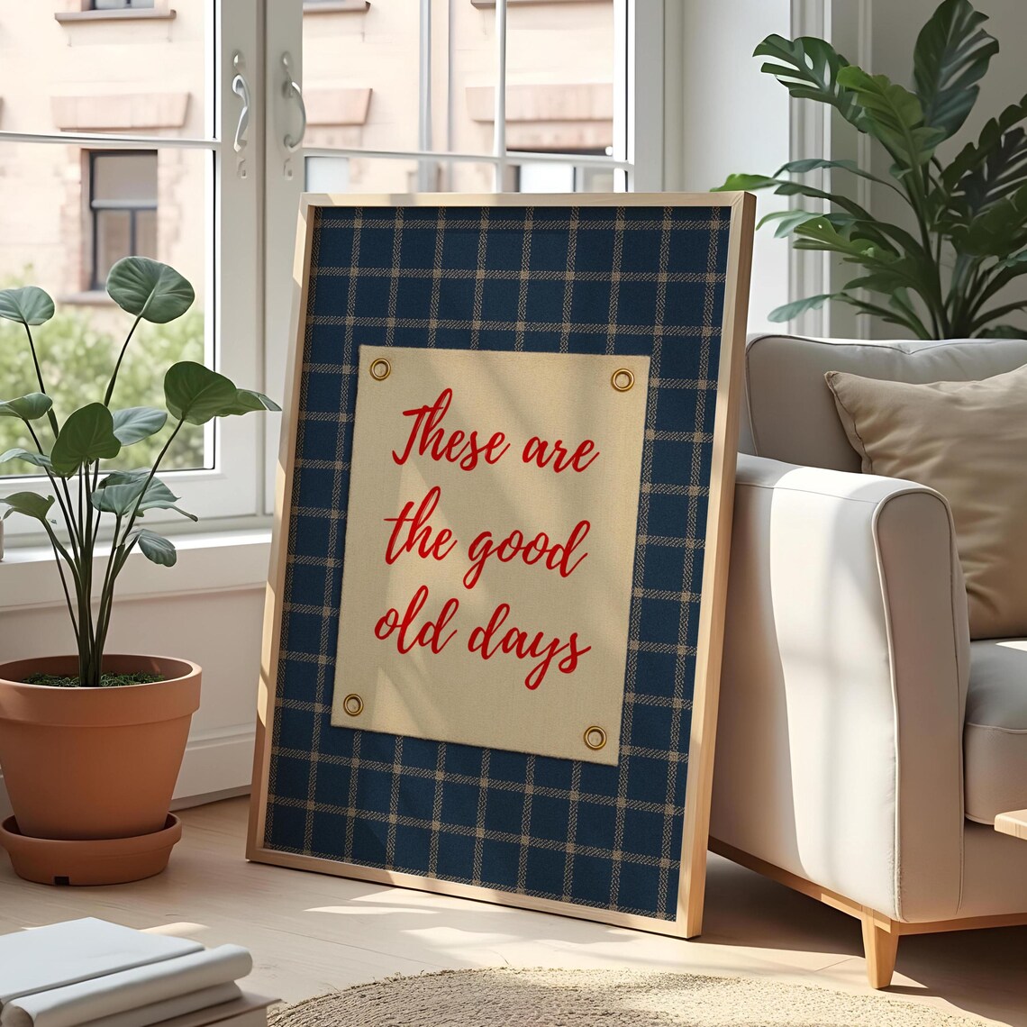 These Are the Good Old Days Navy Plaid Vintage Sign Motivational Poster