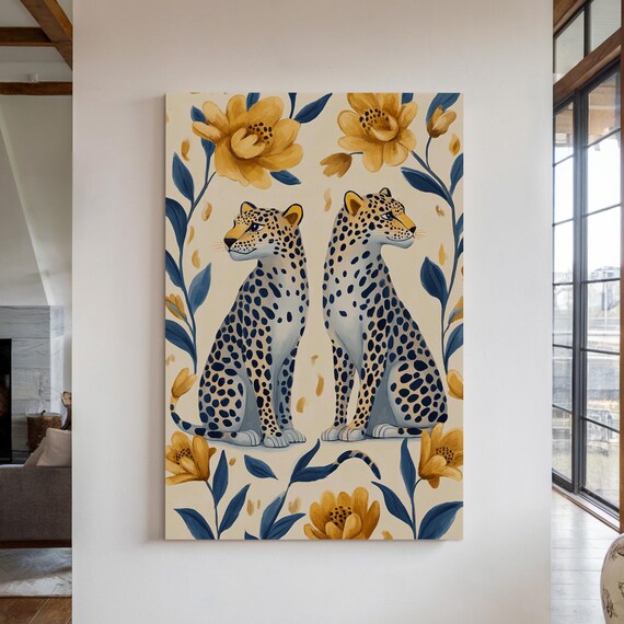 Elegant Cheetah Pair Yellow Flowers Cream Background Wildlife Art Poster