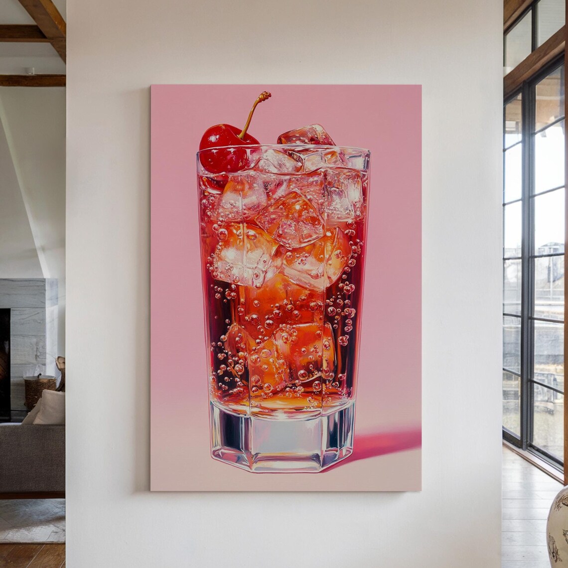 Realistic Cherry Soda Still Life Art Sparkling Beverage Painting With Ice Cubes On Pink Background For Modern Wall Decor