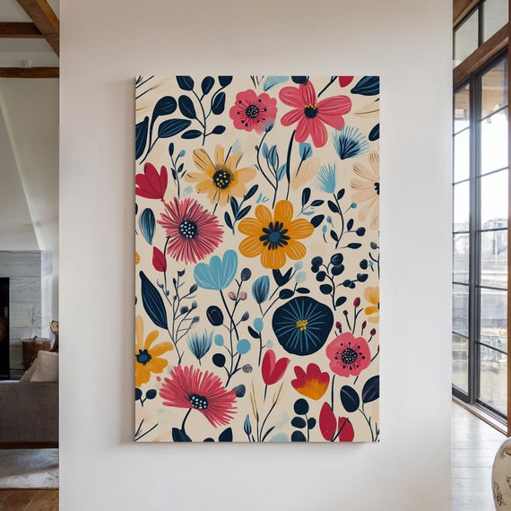 Dynamic Floral Illustration With Colorful Blossoms In Pink Yellow Blue And Red Hues Featuring Bold Modern Botanical Patterns
