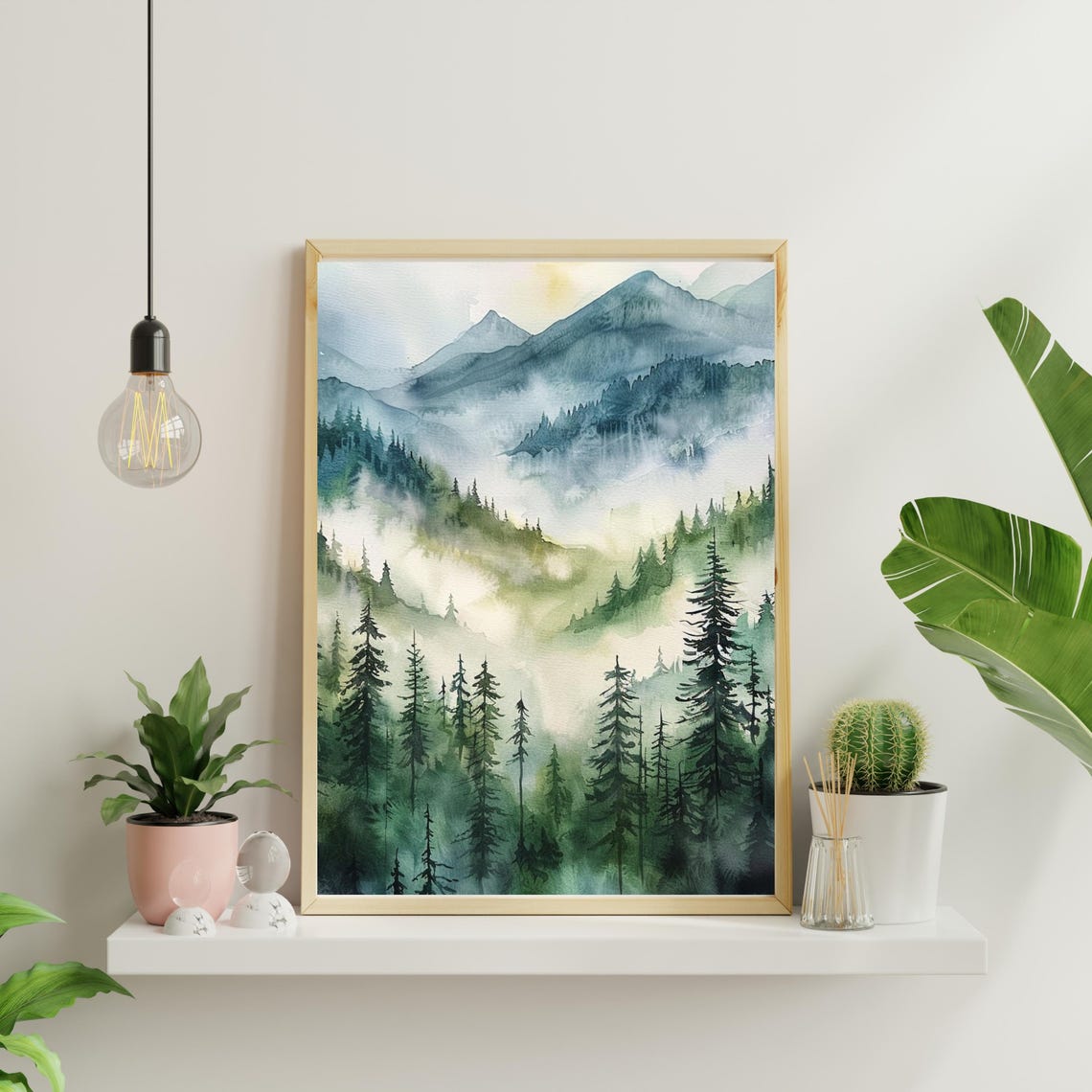 Misty Mountain Forest Watercolor Foggy Peaks Landscape Poster - Image 3