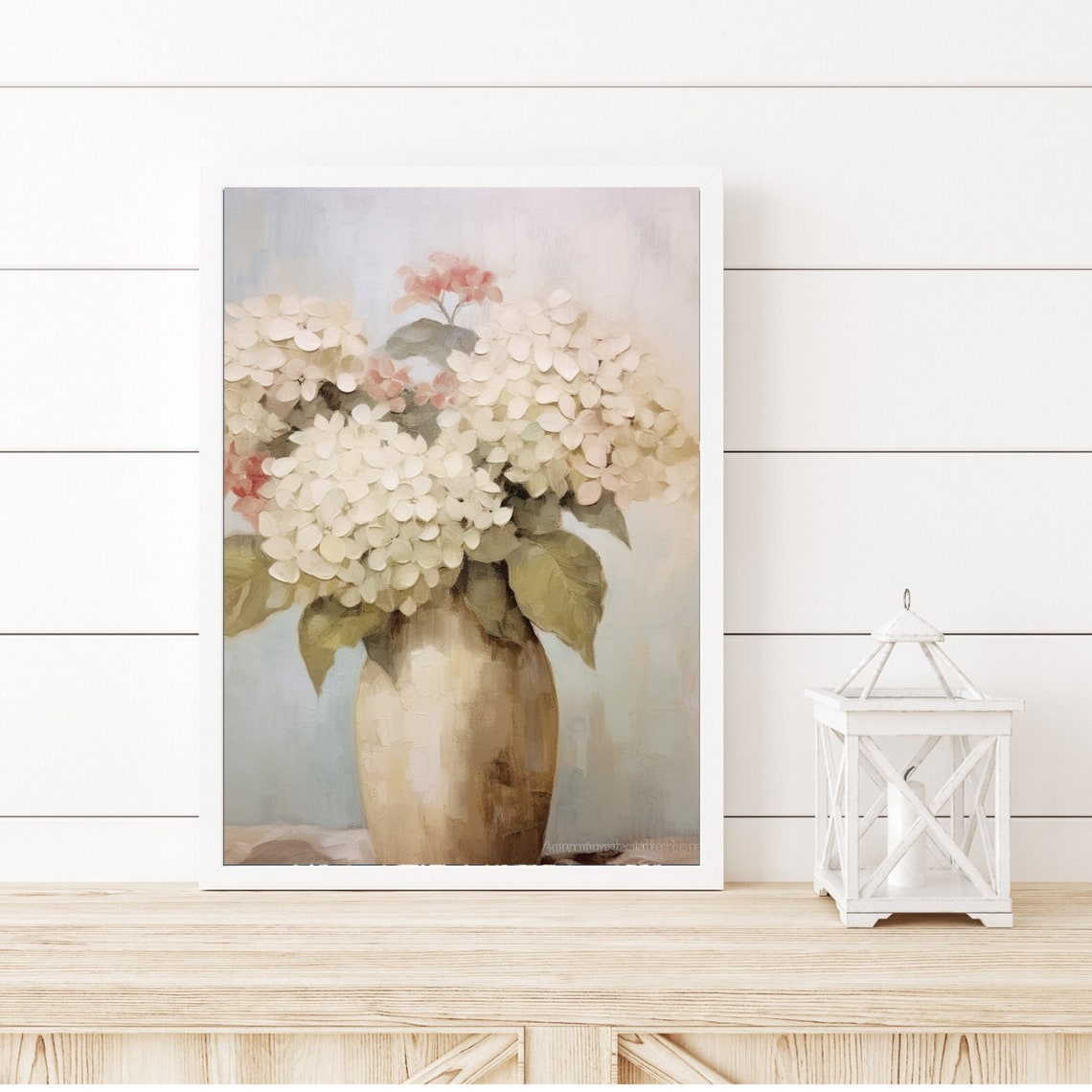 White And Blush Hydrangeas In A Beige Vase In Muted Tones Print - Image 6
