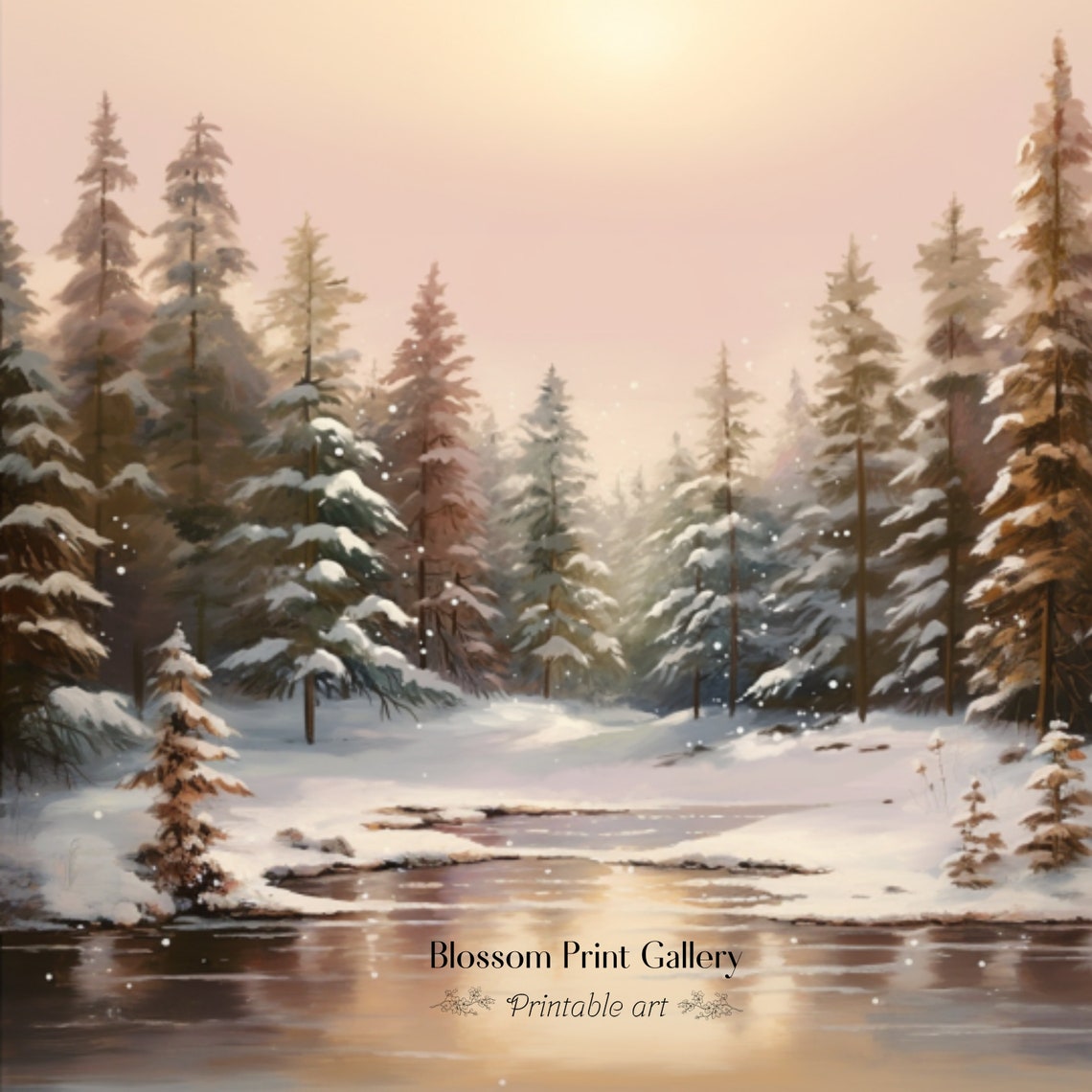 Snowy Winter Forest with a Quiet Pond Under a Blush Pink Sky Wall Art - Image 3
