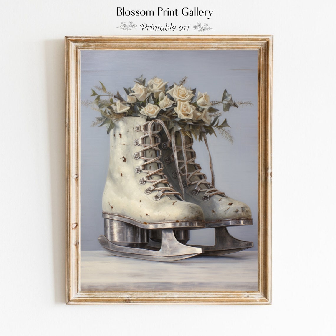 Vintage White Ice Skates with Roses Winter Still Life Painting Poster