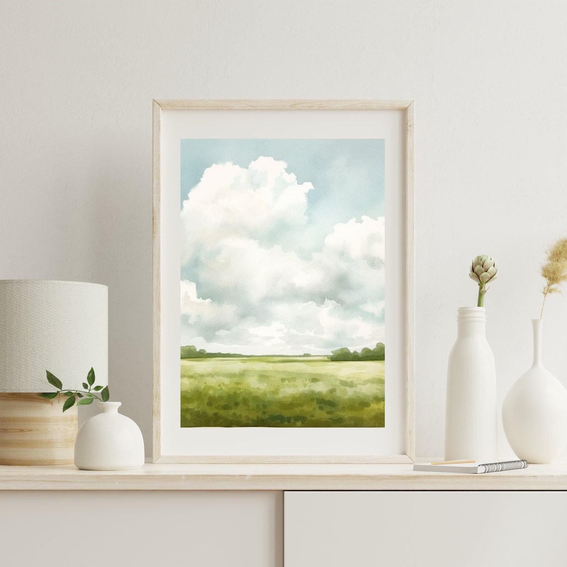 Green Field Under Big Clouds Watercolor Sky Landscape Poster - Image 2