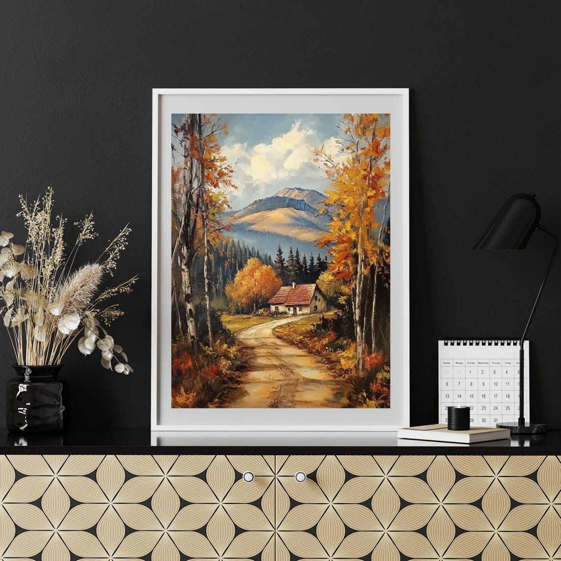Autumn Cabin Path Through Golden Birch Trees Fall Art Poster - Image 2