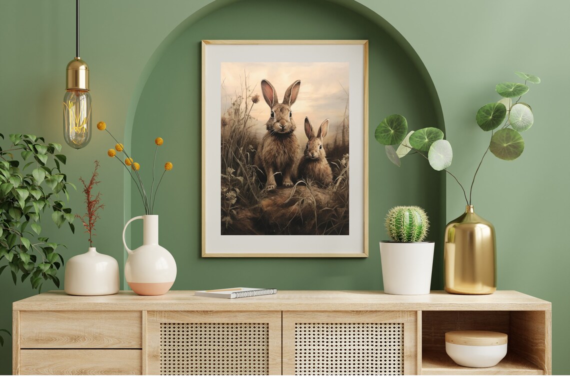 Pair Of Hares In Golden Field Vintage Wildlife Painting Poster - Image 5