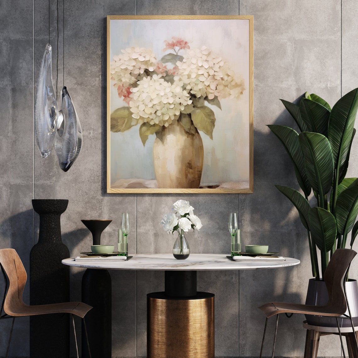 White And Blush Hydrangeas In A Beige Vase In Muted Tones Print - Image 5