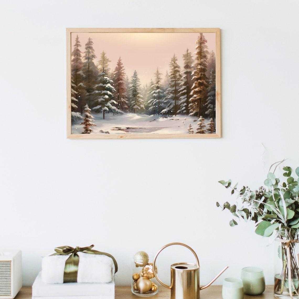 Snowy Winter Forest with a Quiet Pond Under a Blush Pink Sky Wall Art - Image 5