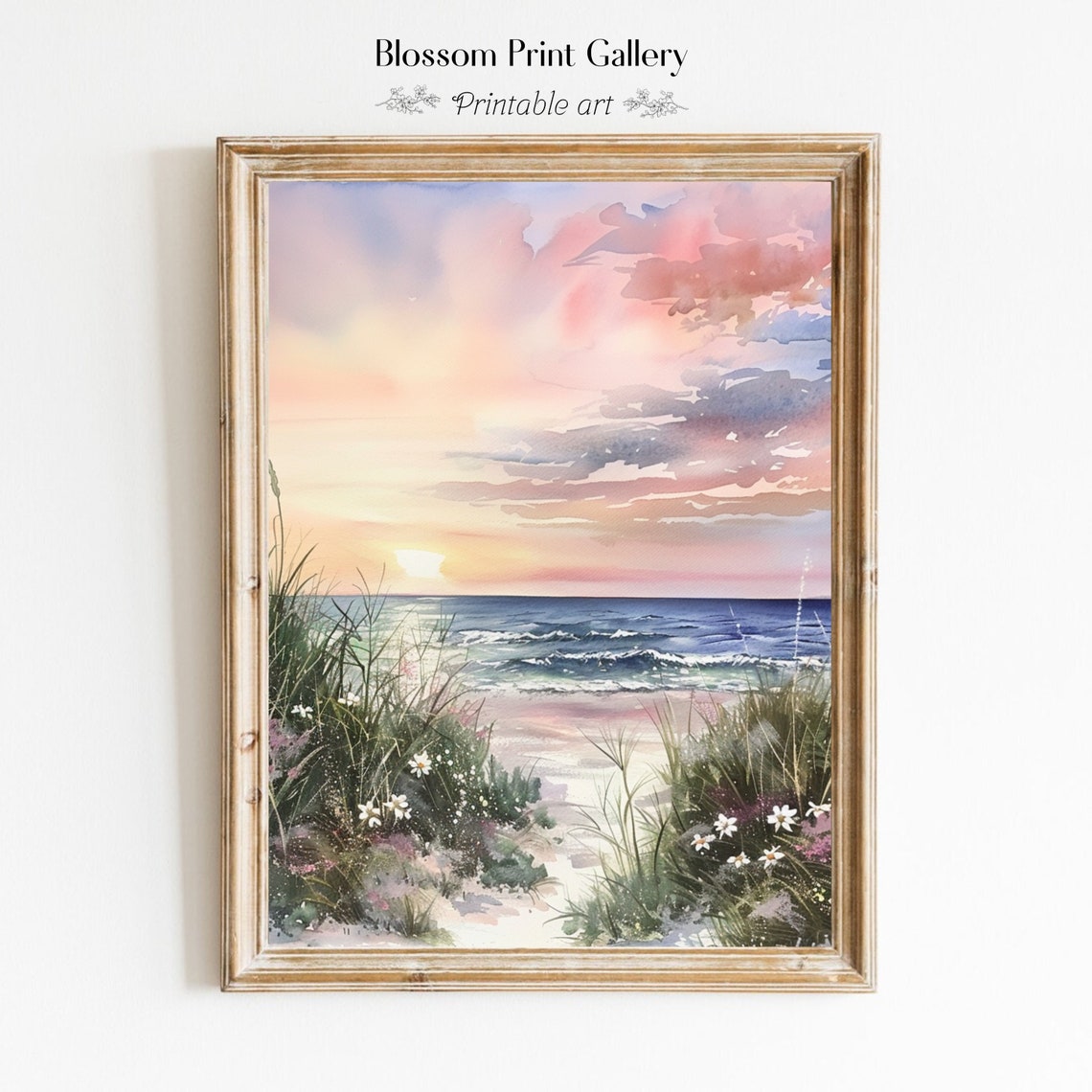 Pink Sunset Beach Path Watercolor Seascape Ocean Waves Poster