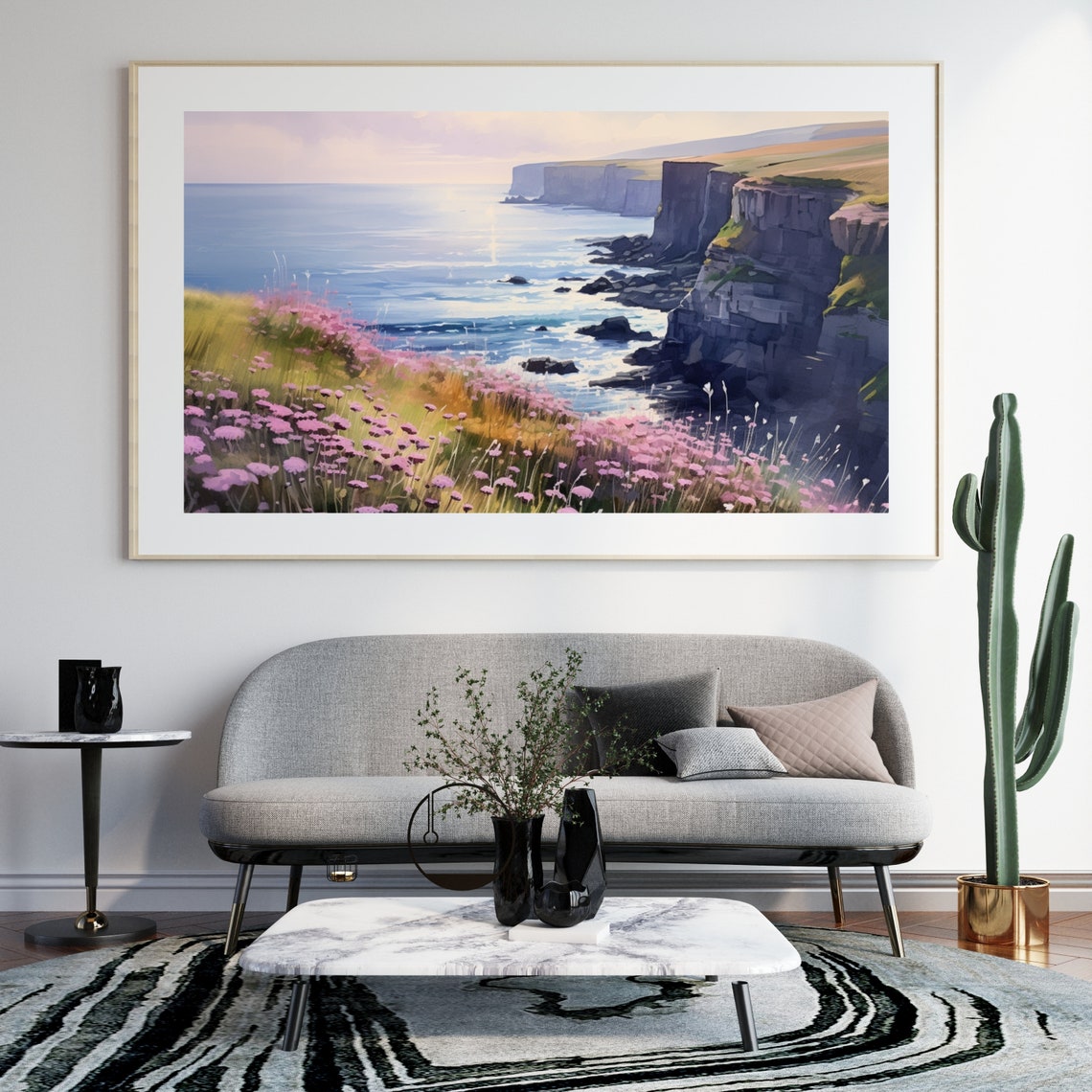 Sea Cliffs Pink Wildflowers Ocean Sunset Coastal Landscape Poster - Image 5