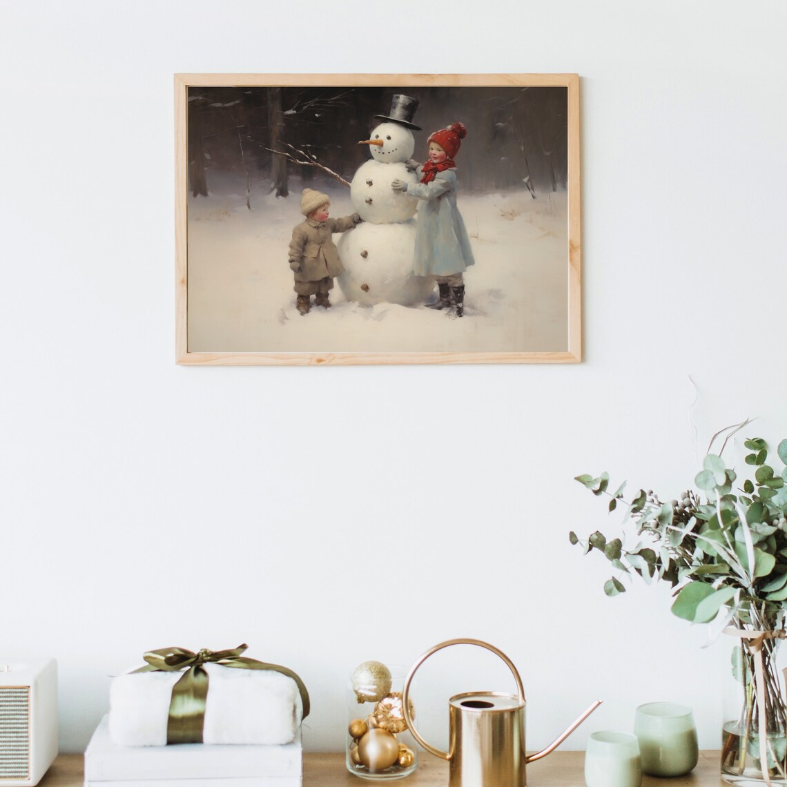 Children Building Snowman Winter Forest Vintage Holiday Poster - Image 5
