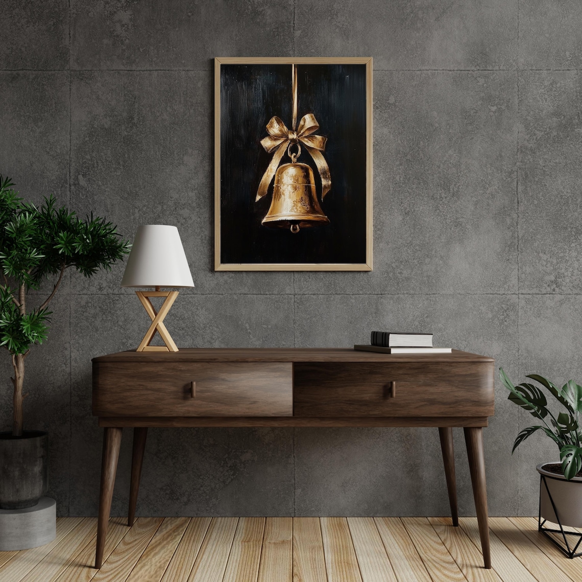 Vintage Golden Christmas Bell With Bow Dark Holiday Still Life Poster - Image 3