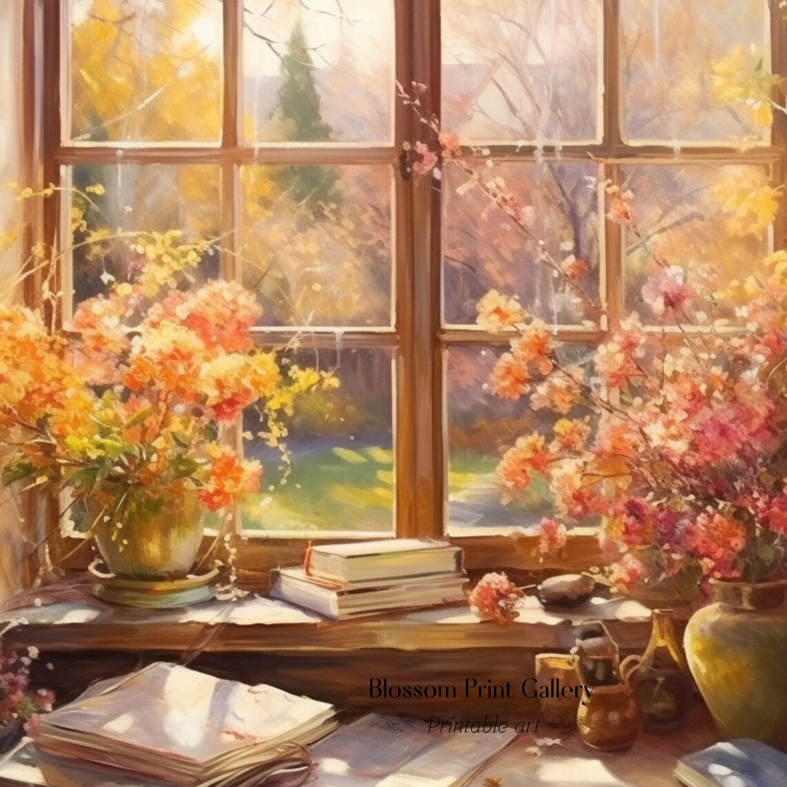 Autumn Window Sill Flowers Books Warm Fall Still Life Cozy Reading Poster - Image 3