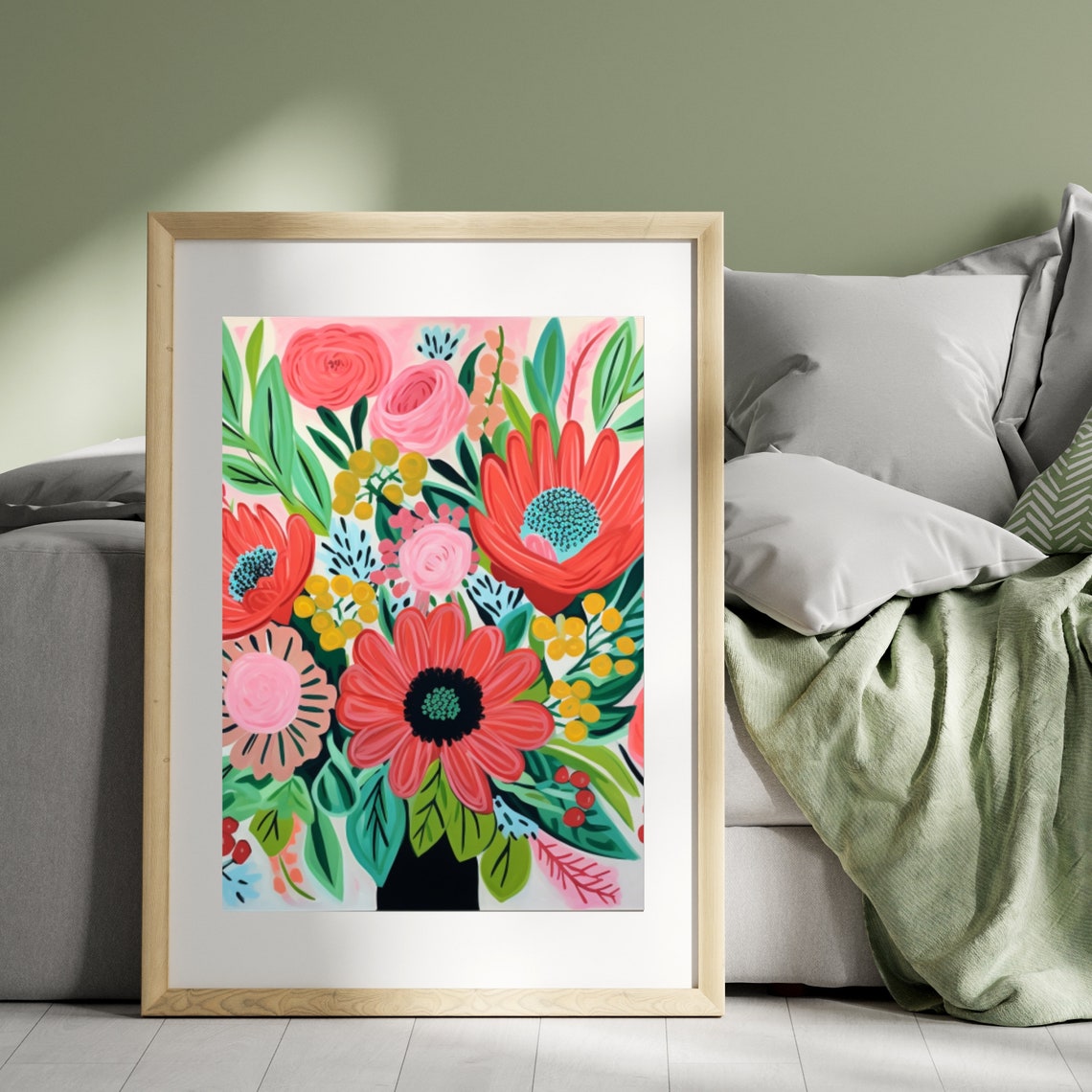 Cheerful Floral Bouquet Illustration with Coral Daisies Wall Art - Image 4