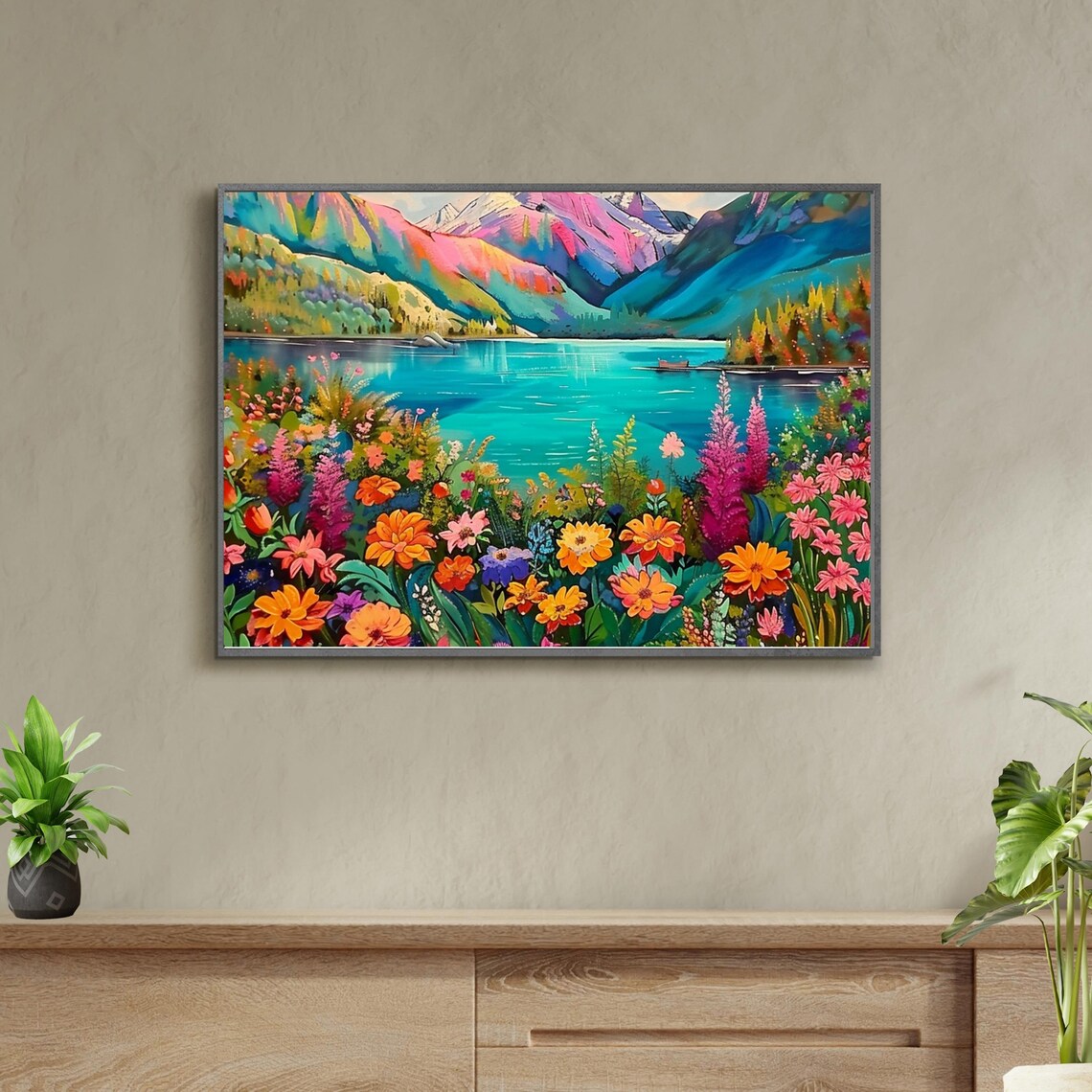 Rainbow Mountain Lake with Wildflower Shores Colorful Landscape Poster - Image 6