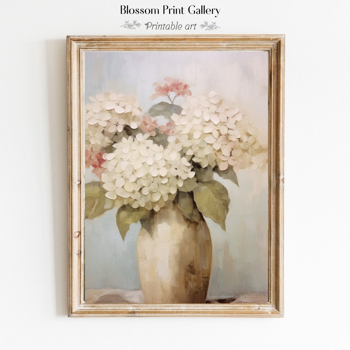 White And Blush Hydrangeas In A Beige Vase In Muted Tones Print