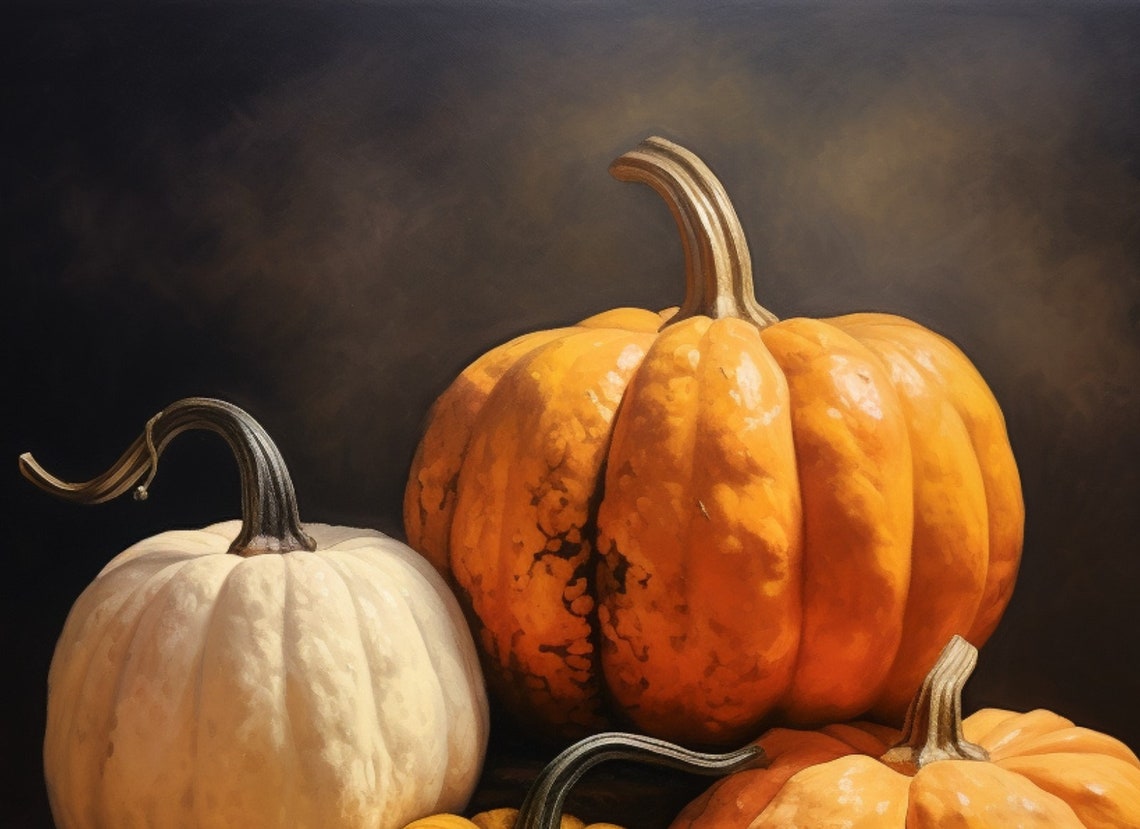 Pumpkin And Gourd Still Life Painting On Dark Background Fall Poster - Image 3