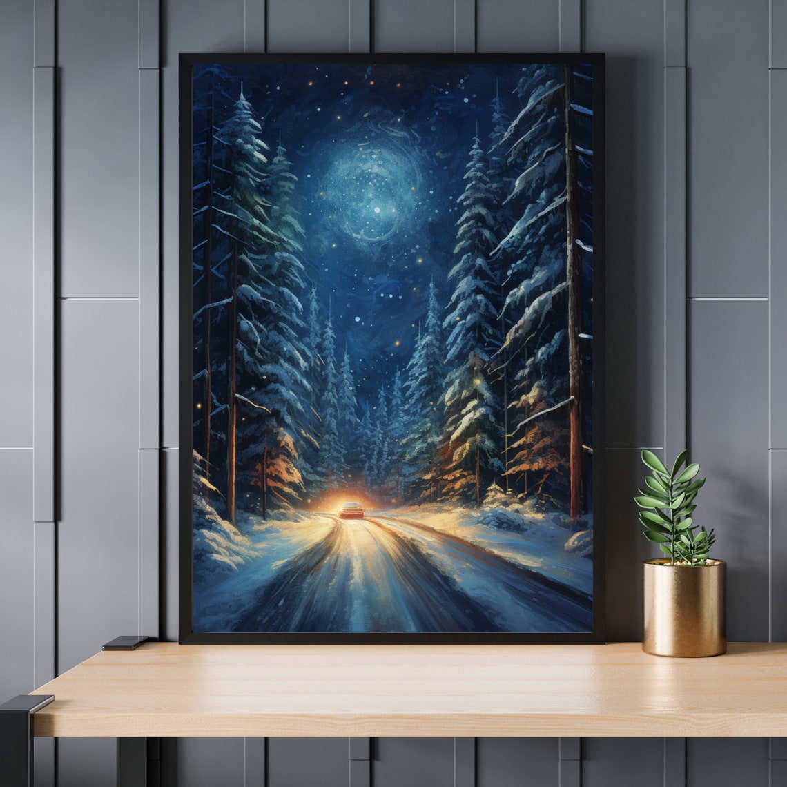 Starry Night Snowy Forest Road with Car Headlights Painting Poster - Image 4