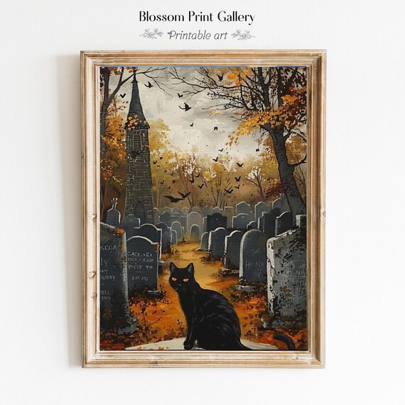Black Cat In Autumn Graveyard With Old Church Halloween Painting Poster