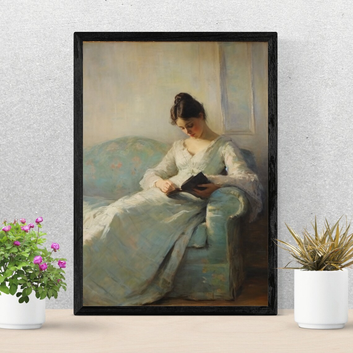 Impressionist Woman Reading Book on Sofa Vintage Interior Painting Poster - Image 6