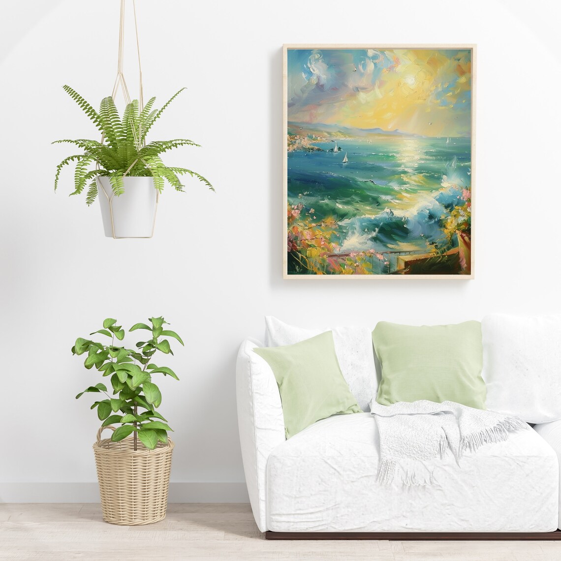 Sunlit Seascape with Sailboats Mediterranean Coastal Oil Painting Poster - Image 4