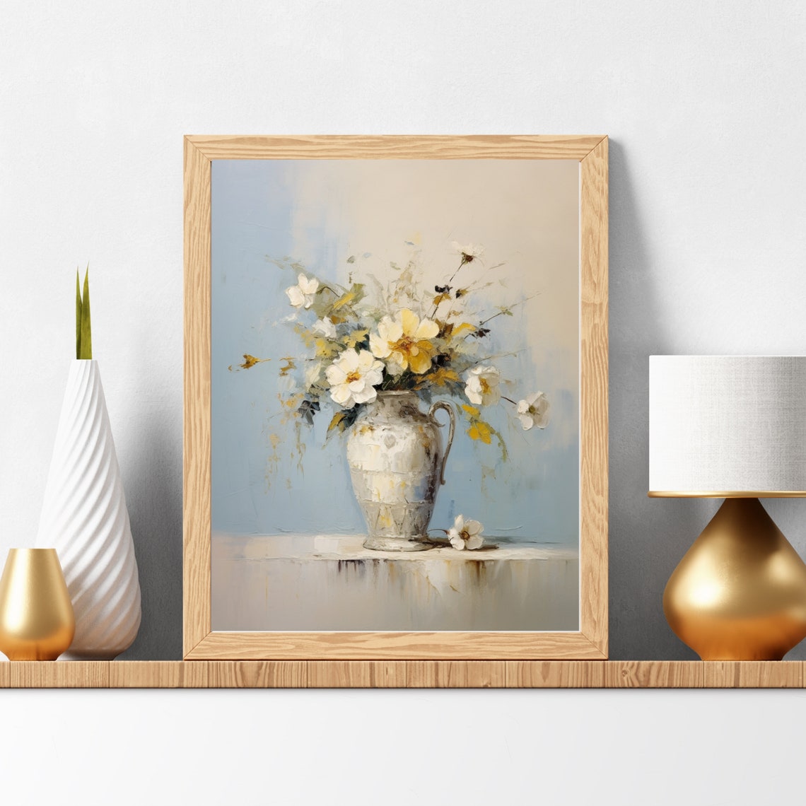 White And Yellow Wildflowers Antique Vase Soft Blue Still Life Poster - Image 5