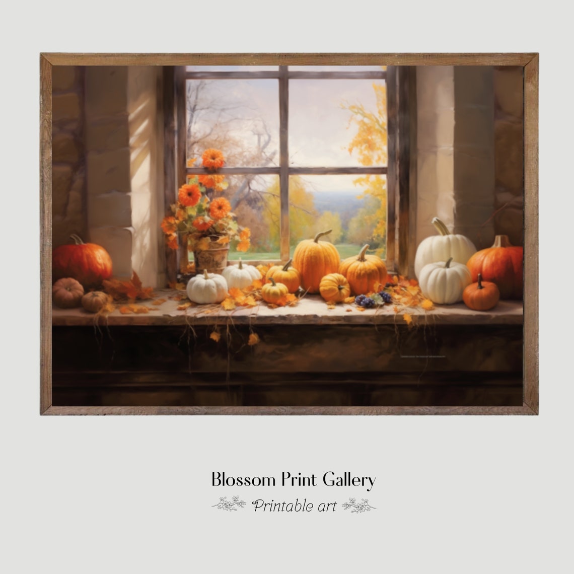 Pumpkins on Rustic Window Sill with Marigolds Painting Poster - Image 4