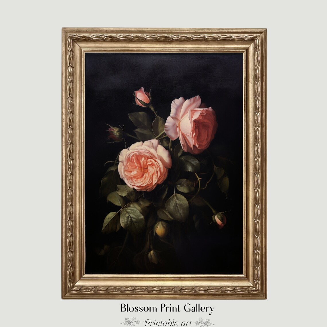 Moody Pink Roses On Black Dark Academia Floral Painting Poster