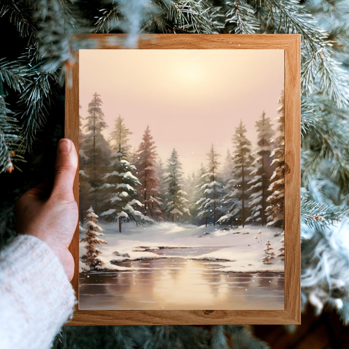 Snowy Pine Forest Stream At Dusk Winter Nature Landscape Poster - Image 5