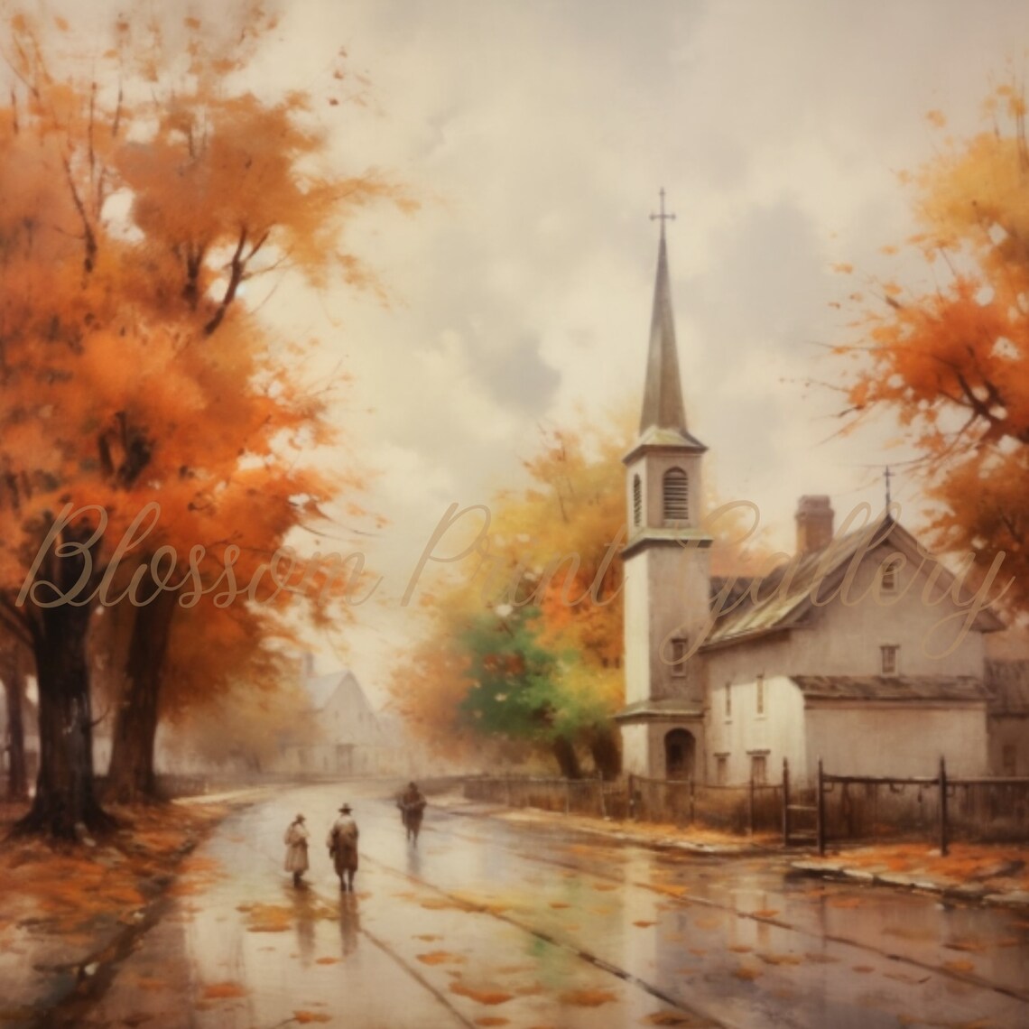 Autumn Village Street with Church in Rain Vintage Painting Poster - Image 3