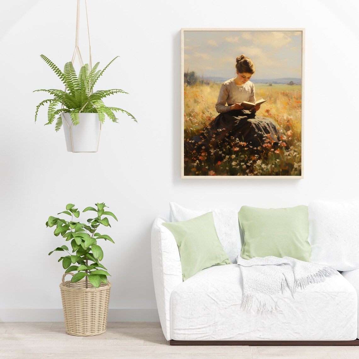 Vintage Woman Reading Book In Wildflower Field Sunny Oil Painting Poster - Image 5