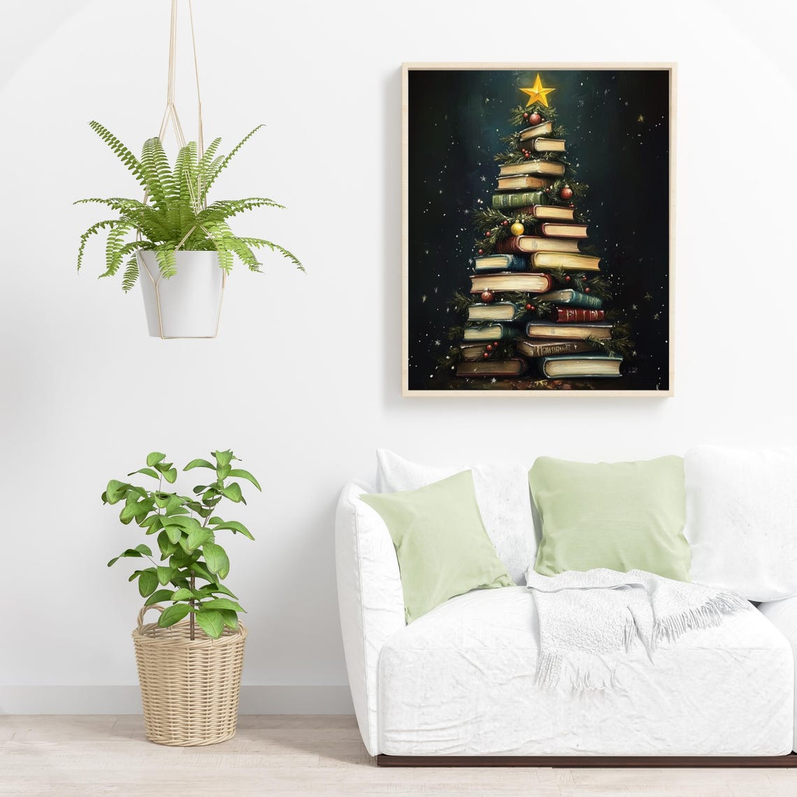 Vintage Stacked Books Christmas Tree Star Book Lover Holiday Poster - Image 3