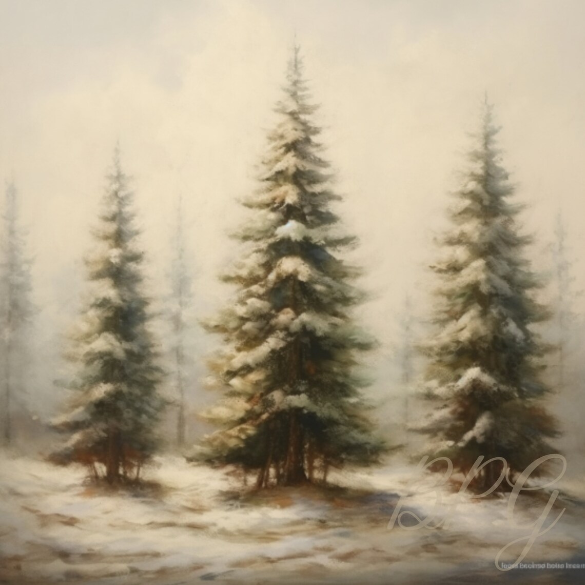 Snow Covered Pines In Winter Forest Misty Landscape Painting Poster - Image 3
