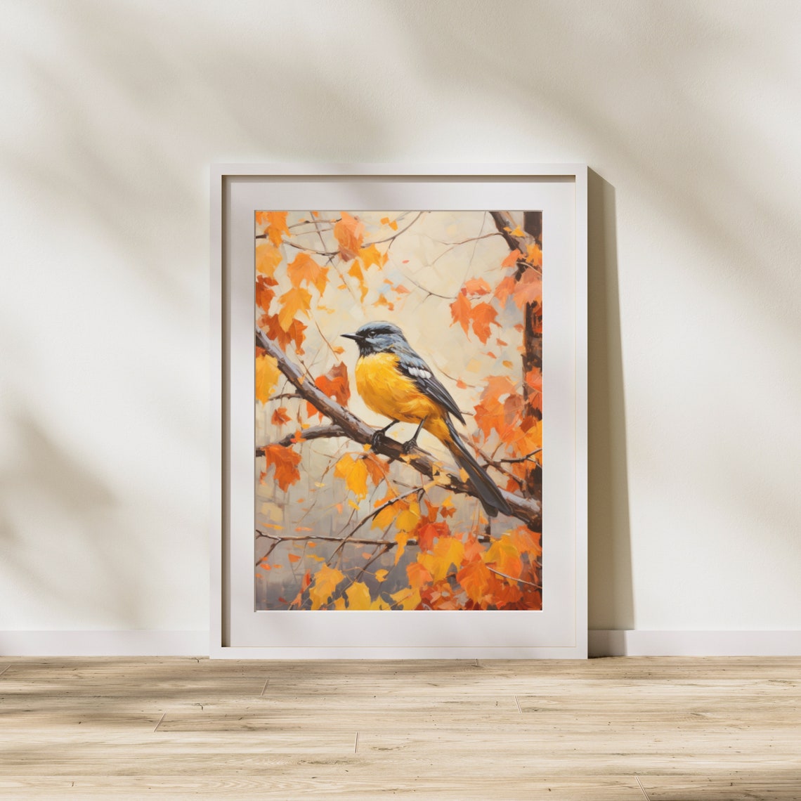 Yellow Breasted Songbird On Branch Autumn Leaves Wildlife Art Poster - Image 4