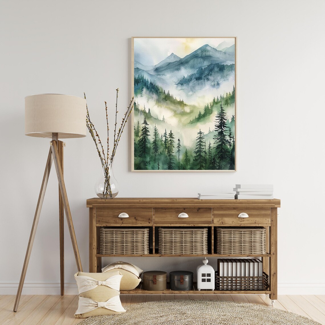 Misty Mountain Forest Watercolor Foggy Peaks Landscape Poster - Image 4