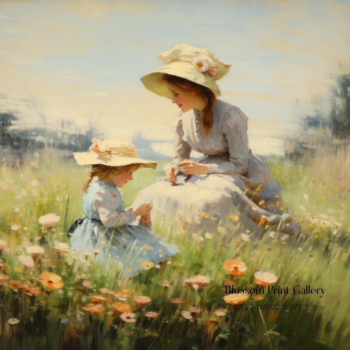 Mother Daughter Wildflower Meadow Sunlit Impressionist Poster - Image 3