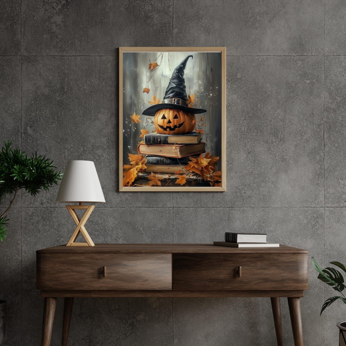 Jack-O-Lantern with Witch Hat on Books Halloween Painting Poster - Image 3