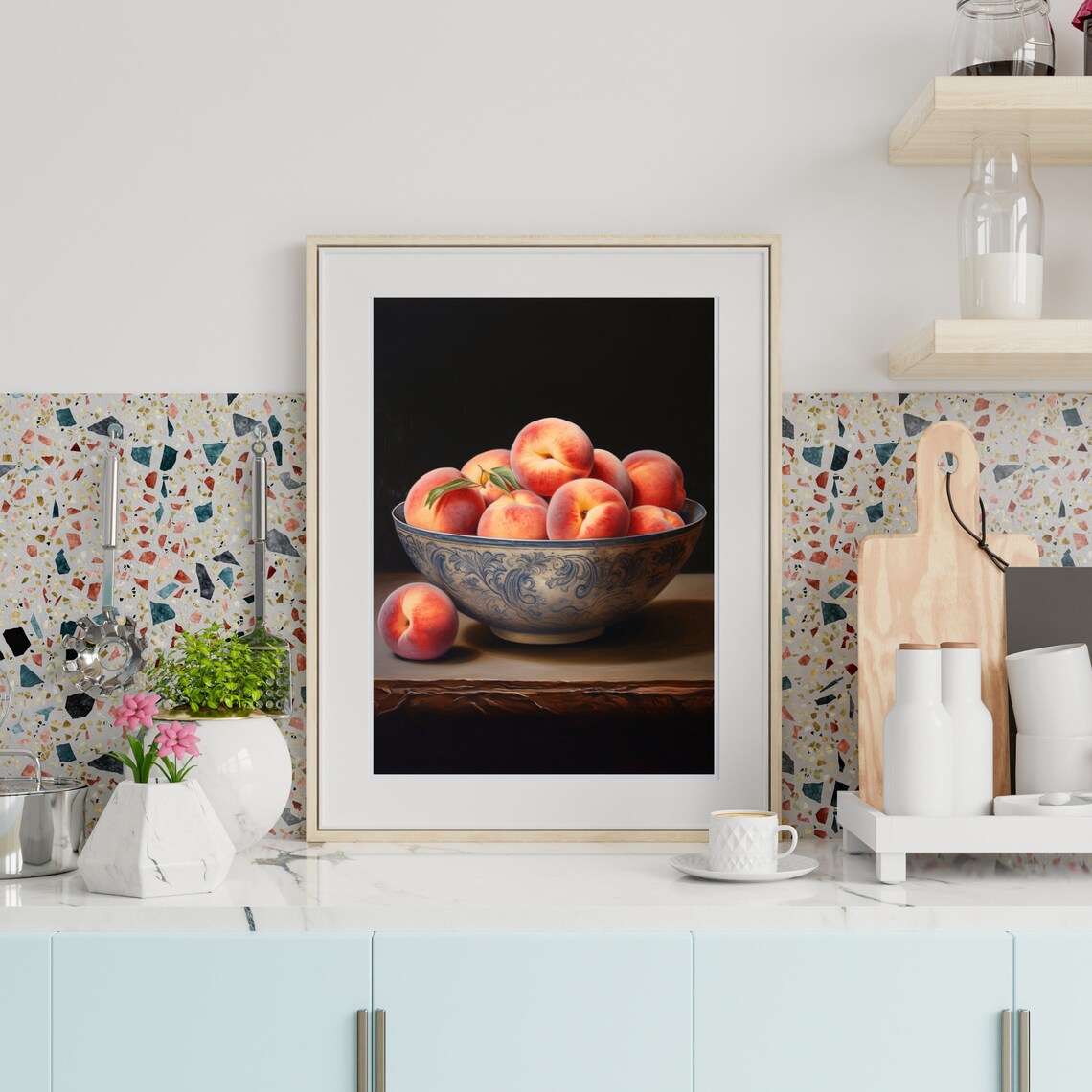 Bowl of Ripe Peaches in a Porcelain Bowl Classic Still Life Wall Art - Image 3