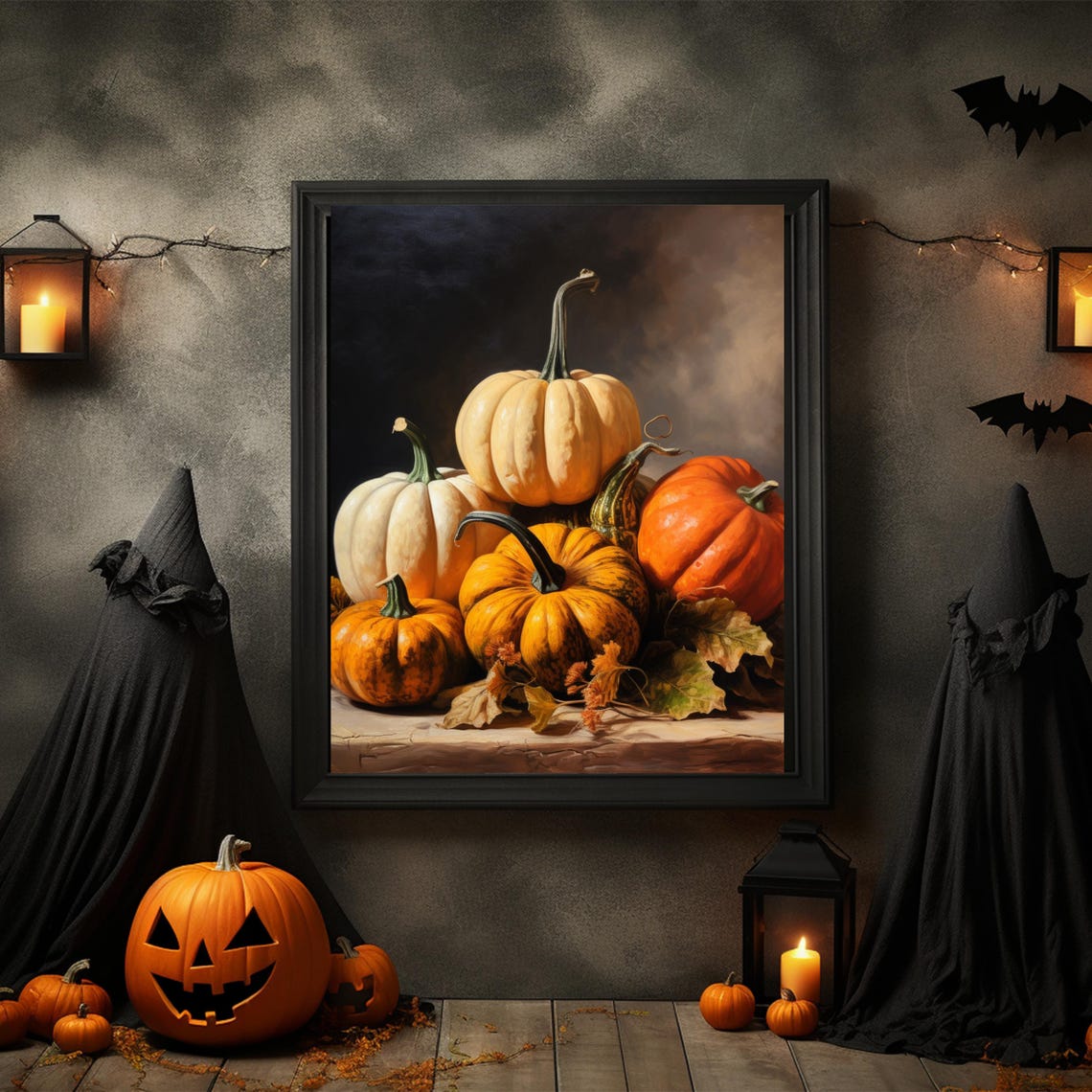 Autumn Pumpkins And Gourds Still Life Dark Fall Painting Poster - Image 2