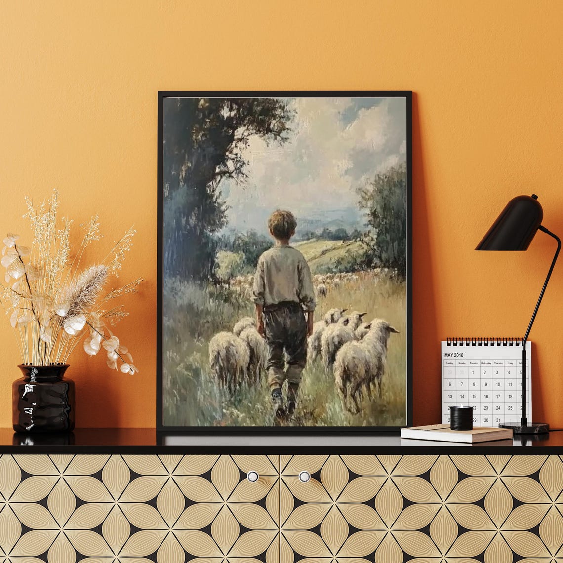 Young Shepherd Boy Leading Sheep Pastoral Countryside Painting Poster - Image 4