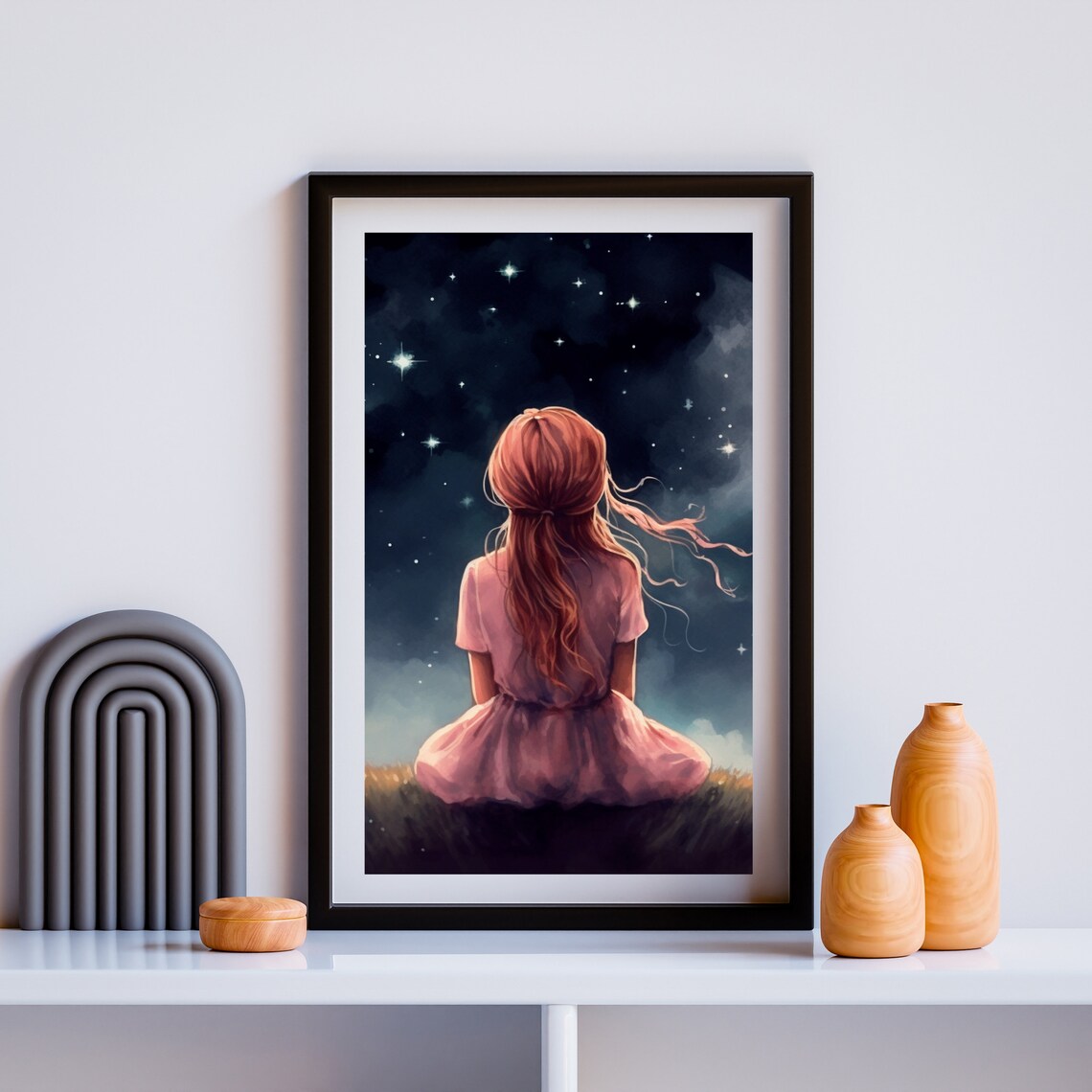 Little Girl Watching Stars and Moon Night Sky Painting Poster - Image 5