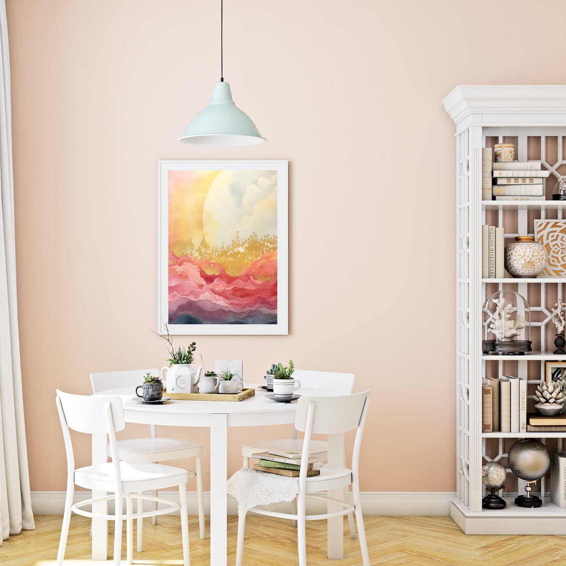 Pink and Gold Abstract Moon over Wavy Hills Watercolor Poster - Image 5