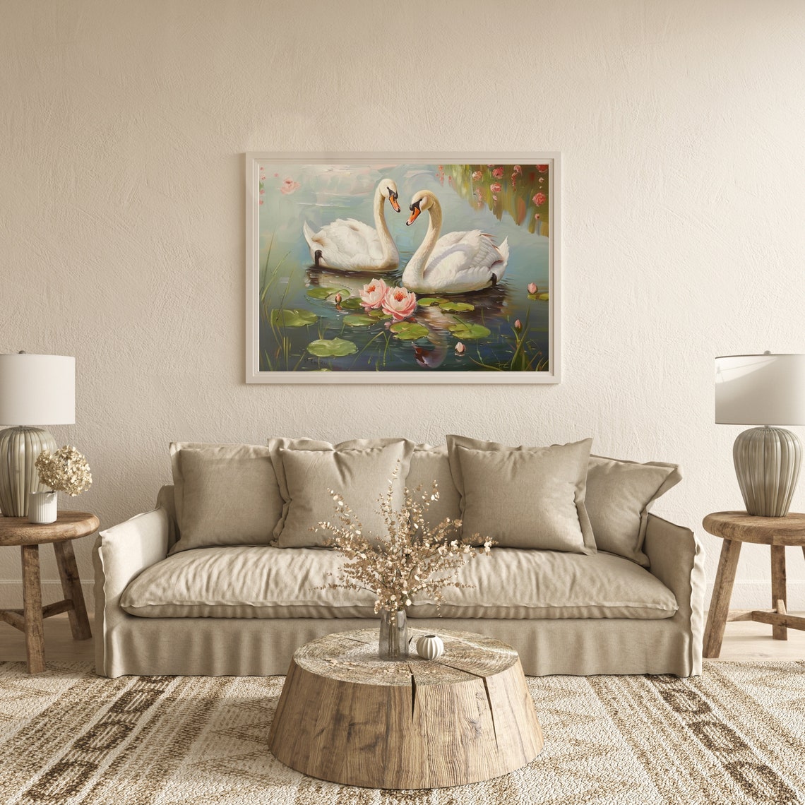 Two Graceful White Swans Beside Pink Water Lilies Pond Poster - Image 2