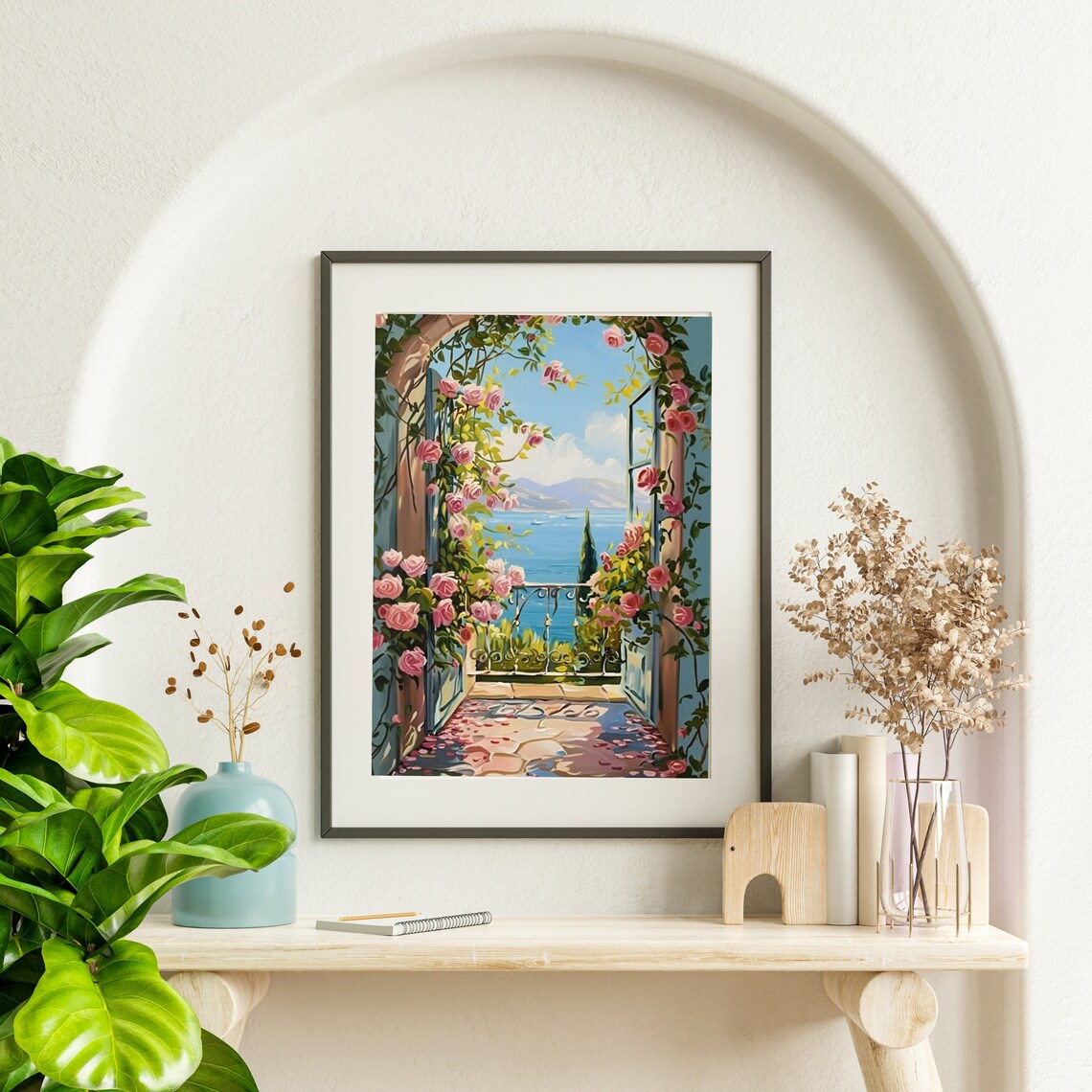 Pink Rose Covered Archway Overlooking the Blue Sea Garden Poster