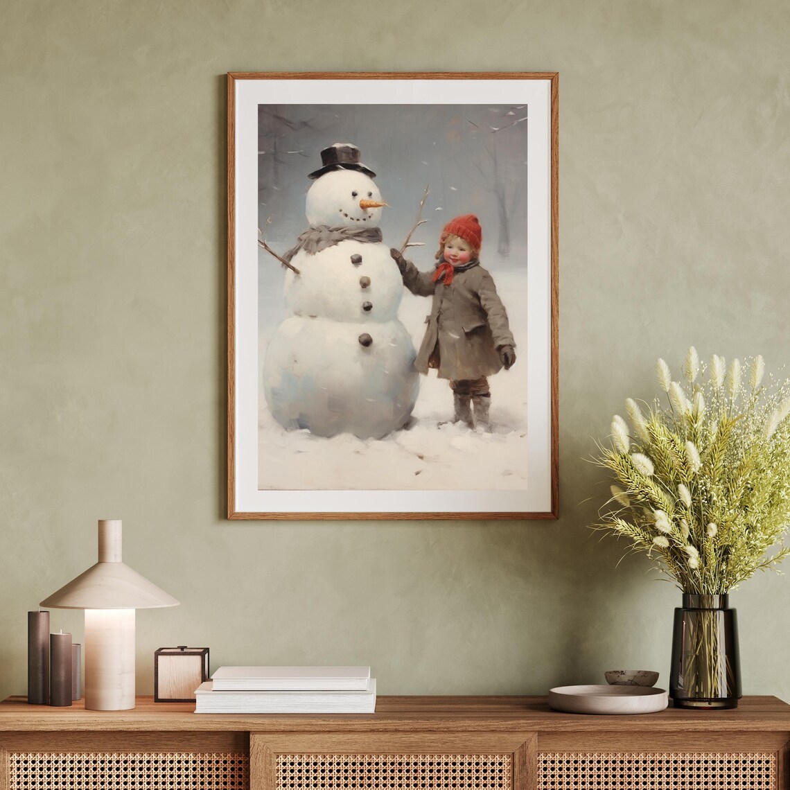 Girl Building Snowman Christmas Print Christmas Snowman Decor Farmhouse Artwork Winter Holiday Vintage Christmas Print 745 - Image 2