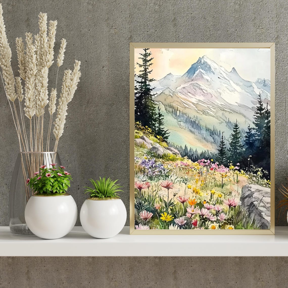 Wildflower Meadow Snowy Mountain Watercolor Landscape Poster - Image 5