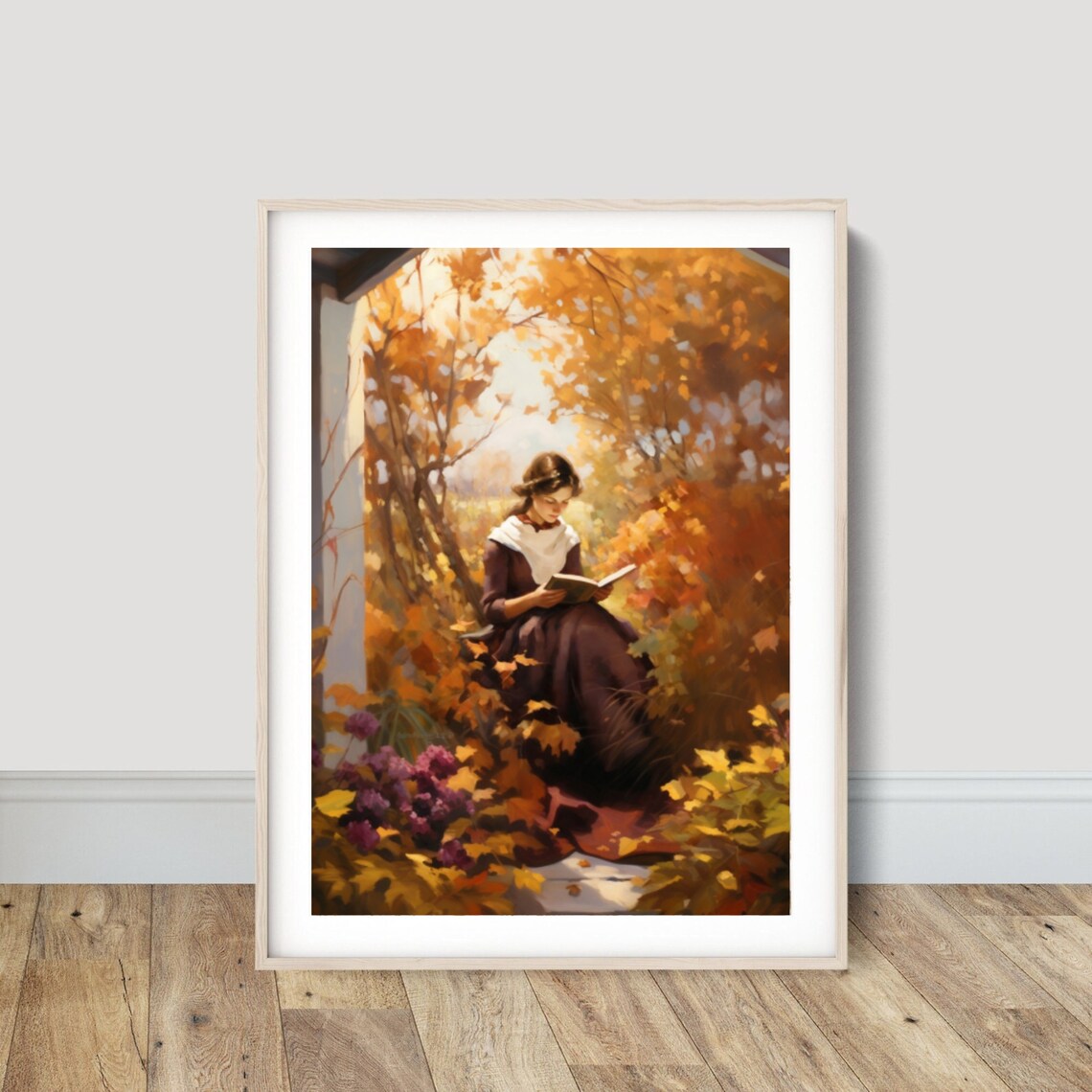 Woman Reading On Autumn Porch Golden Foliage Painting Poster - Image 6