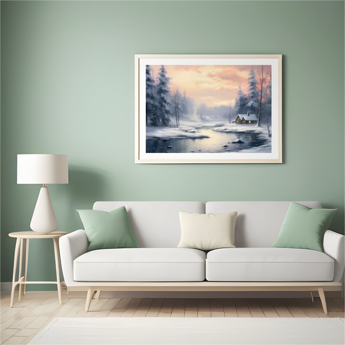 Winter Cabin by Frozen River at Pink Sunset Landscape Painting Poster - Image 5